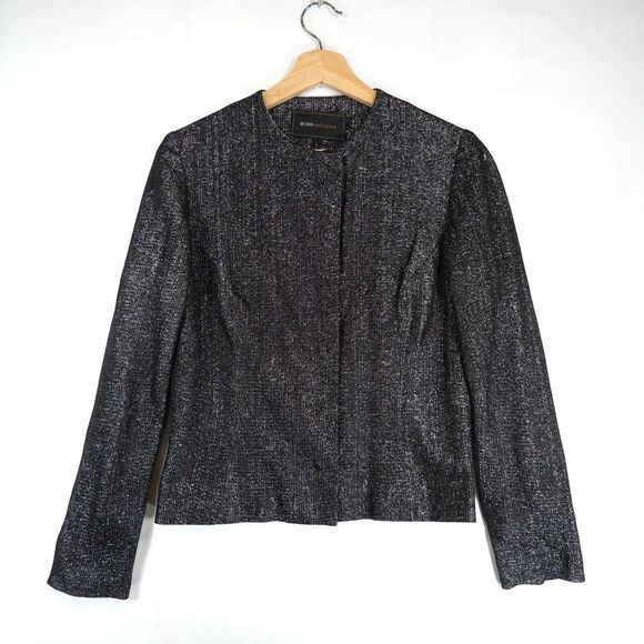 BCBG Max Azria Women's Black Sliver Shiny Blazer Collarless Size L - Picture 1 of 15